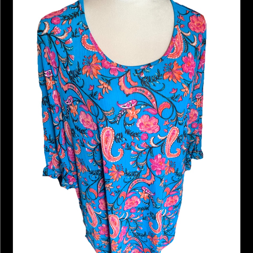 Cure. Women’s Size M Pullover Top Blue Floral Stretch 3/4 Tulip Ruffle Sleeve 2x